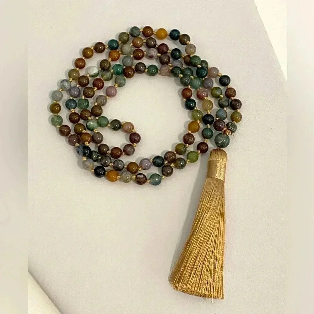 Handmade Mala Buddha Prayer Beads Necklace with Tassel Indian Agate NWT